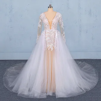 Charmant Blanche La Mariée Robe De Mariée 2020 Trompette Sirène Transparentes Col V Profond Manches Longues Dos Nu Appliques En Dentelle Perlage Détachable Cathedral Train Volants