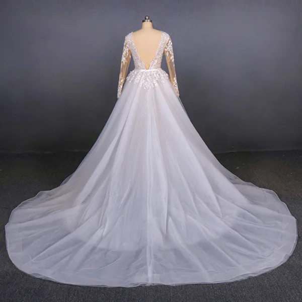 Charmant Blanche La Mariée Robe De Mariée 2020 Trompette / Sirène Transparentes Col v profond Manches Longues Dos Nu Appliques En Dentelle Perlage Détachable Cathedral Train Volants