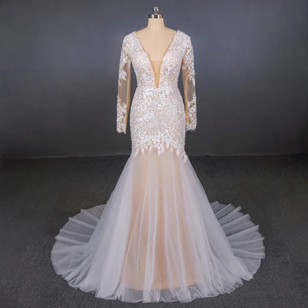 Charmant Blanche La Mariée Robe De Mariée 2020 Trompette / Sirène Transparentes Col v profond Manches Longues Dos Nu Appliques En Dentelle Perlage Détachable Cathedral Train Volants
