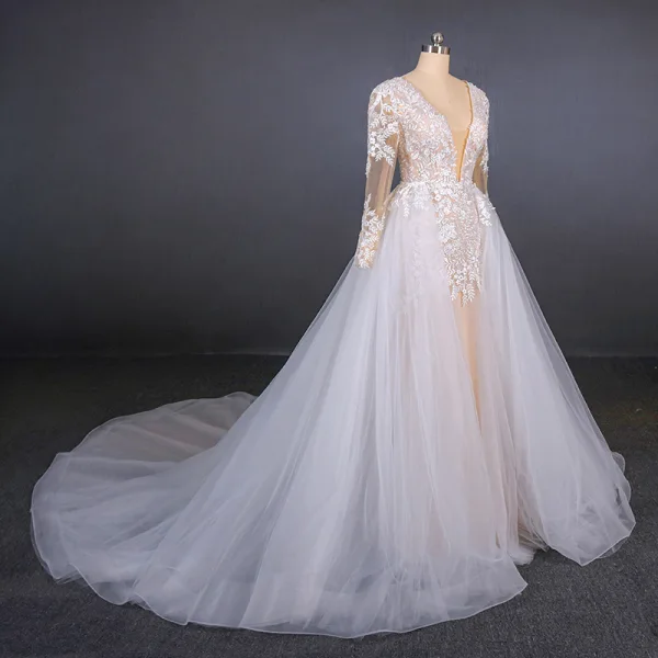 Charmant Blanche La Mariée Robe De Mariée 2020 Trompette / Sirène Transparentes Col v profond Manches Longues Dos Nu Appliques En Dentelle Perlage Détachable Cathedral Train Volants
