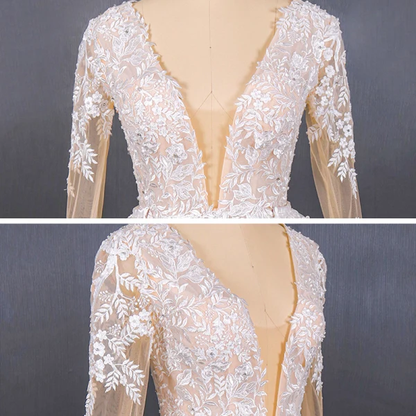 Charmant Blanche La Mariée Robe De Mariée 2020 Trompette / Sirène Transparentes Col v profond Manches Longues Dos Nu Appliques En Dentelle Perlage Détachable Cathedral Train Volants