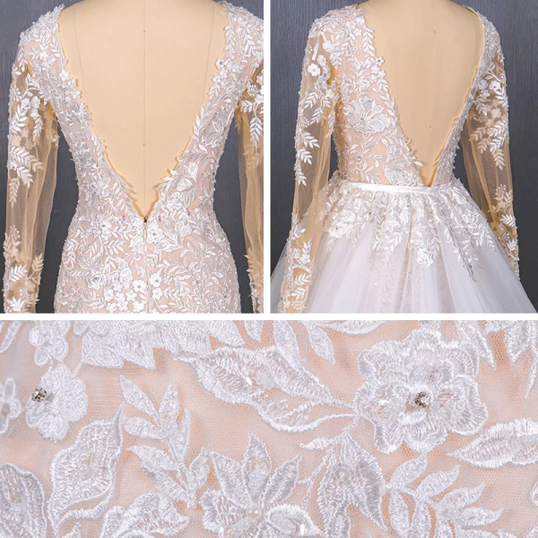 Charmant Blanche La Mariée Robe De Mariée 2020 Trompette / Sirène Transparentes Col v profond Manches Longues Dos Nu Appliques En Dentelle Perlage Détachable Cathedral Train Volants
