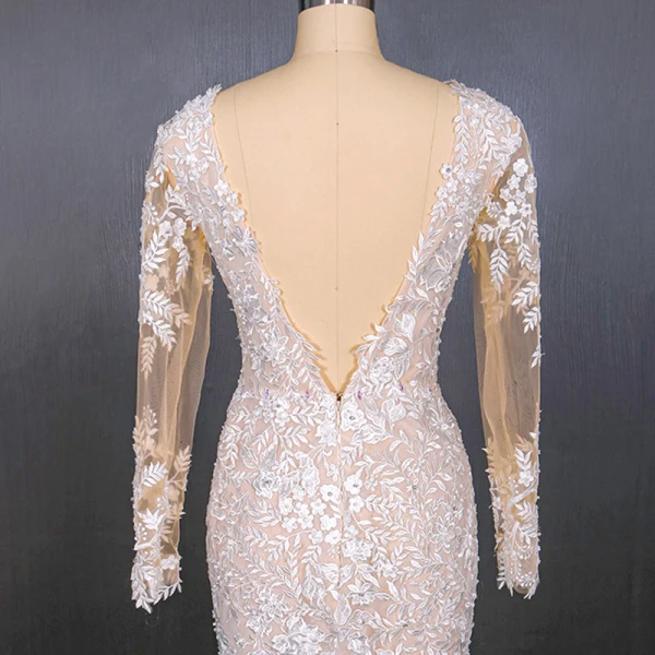 Charmant Blanche La Mariée Robe De Mariée 2020 Trompette / Sirène Transparentes Col v profond Manches Longues Dos Nu Appliques En Dentelle Perlage Détachable Cathedral Train Volants