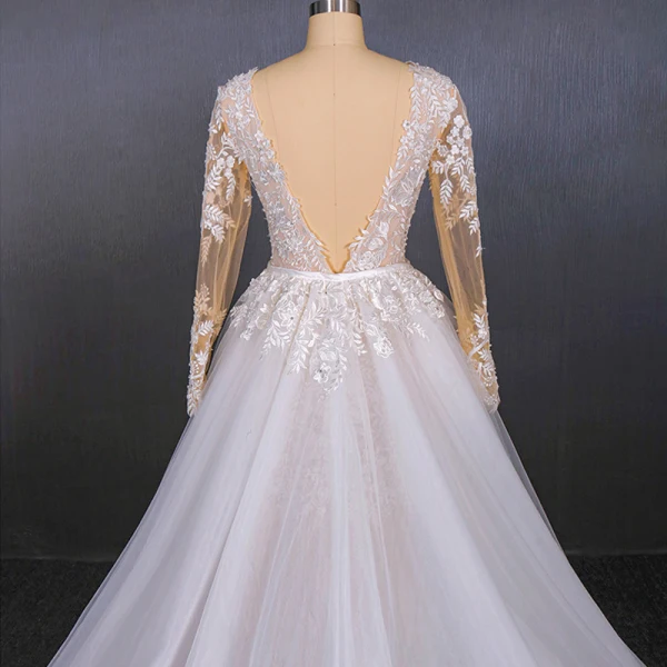 Charmant Blanche La Mariée Robe De Mariée 2020 Trompette / Sirène Transparentes Col v profond Manches Longues Dos Nu Appliques En Dentelle Perlage Détachable Cathedral Train Volants