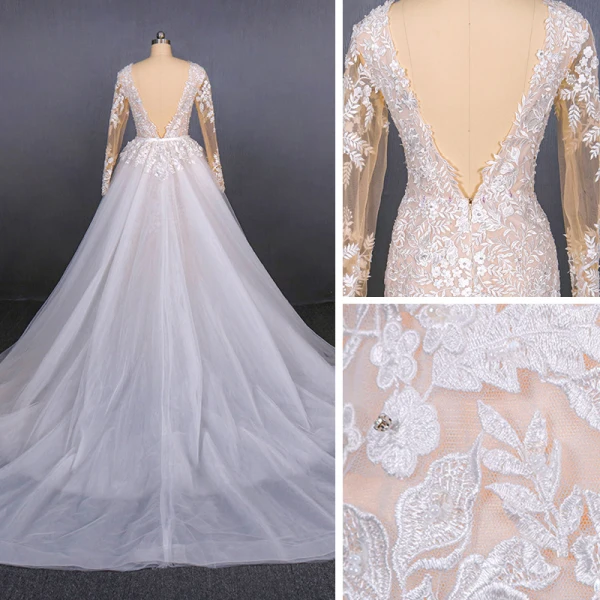 Charmant Blanche La Mariée Robe De Mariée 2020 Trompette / Sirène Transparentes Col v profond Manches Longues Dos Nu Appliques En Dentelle Perlage Détachable Cathedral Train Volants