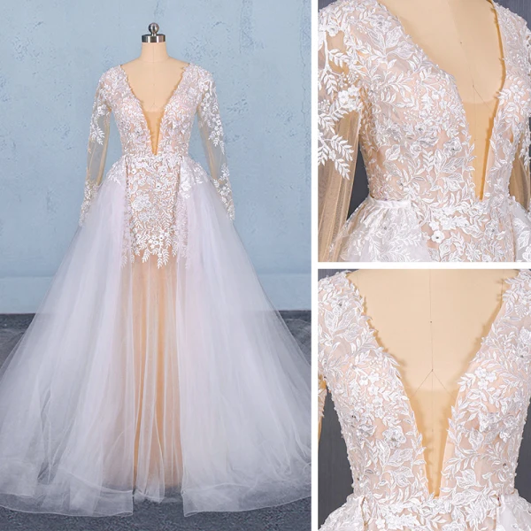 Charmant Blanche La Mariée Robe De Mariée 2020 Trompette / Sirène Transparentes Col v profond Manches Longues Dos Nu Appliques En Dentelle Perlage Détachable Cathedral Train Volants