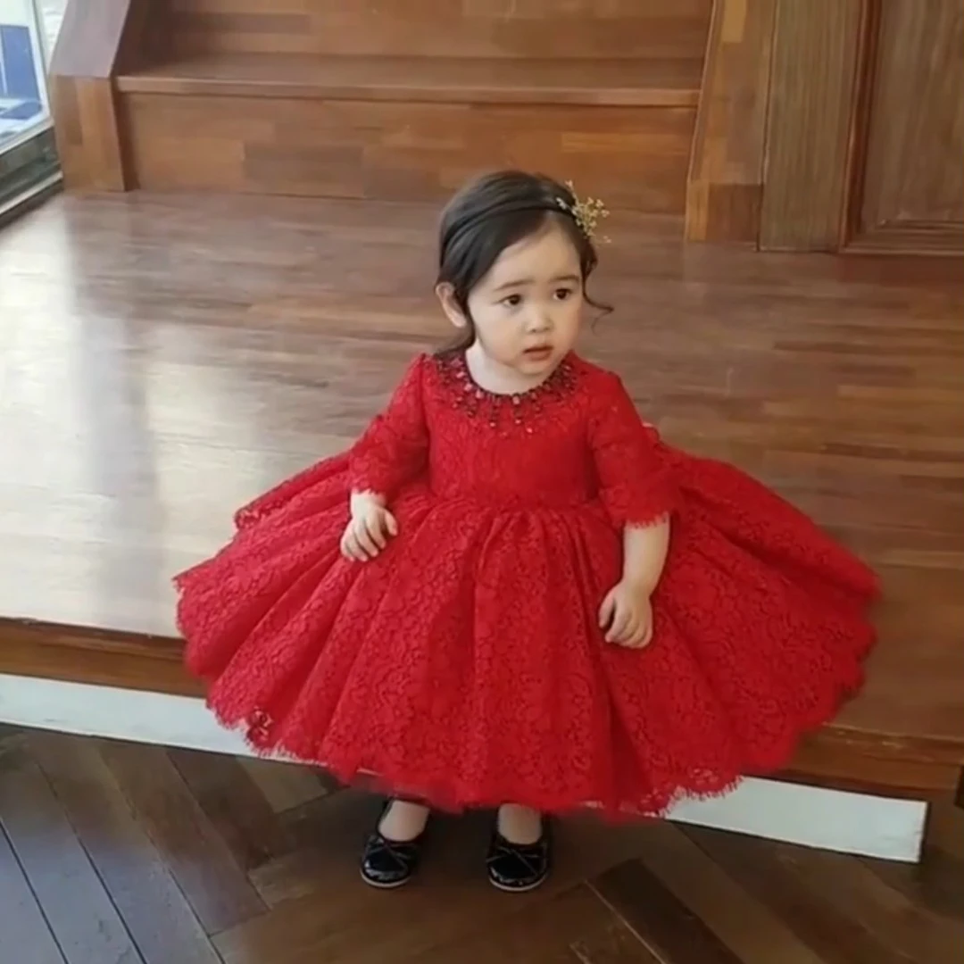 Chic Beautiful Red Lace Birthday Flower Girl Dresses 2020 Ball Gown Scoop Neck 1/2 Bow