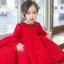 Chic / Beautiful Red Lace Birthday Flower Girl Dresses 2020 Ball Gown Scoop Neck 1/2 Sleeves Bow Rhinestone Short Ruffle Wedding Party Dresses