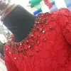 Chic / Belle Rouge Dentelle Anniversaire Robe Ceremonie Fille 2020 Robe Boule Encolure Dégagée 1/2 Manches Noeud Faux Diamant Courte Volants Robe Pour Mariage