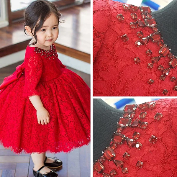 Chic / Beautiful Red Lace Birthday Flower Girl Dresses 2020 Ball Gown Scoop Neck 1/2 Sleeves Bow Rhinestone Short Ruffle Wedding Party Dresses
