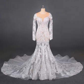 Illusion Champagne Été La Mariée Robe De Mariée 2020 Trompette Sirène Transparentes Encolure Dégagée Manches Longues Appliques En Dentelle Perlage Chapel Train Volants