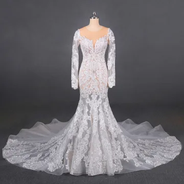 Illusion Champagne Été La Mariée Robe De Mariée 2020 Trompette Sirène Transparentes Encolure Dégagée Manches Longues Appliques En Dentelle Perlage Chapel Train Volants