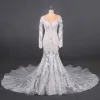Illusion Champagne Summer Bridal Wedding Dresses 2020 Trumpet / Mermaid See-through Scoop Neck Long Sleeve Appliques Lace Beading Chapel Train Ruffle