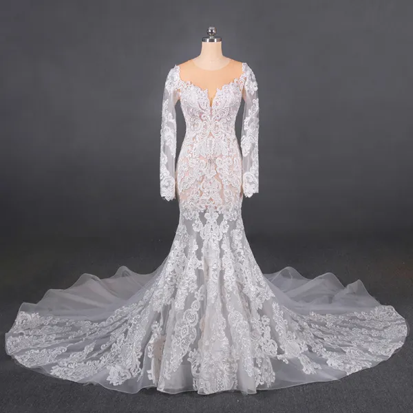 Illusion Champagne Summer Bridal Wedding Dresses 2020 Trumpet / Mermaid See-through Scoop Neck Long Sleeve Appliques Lace Beading Chapel Train Ruffle