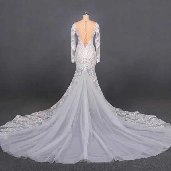 Illusion Champagne Summer Bridal Wedding Dresses 2020 Trumpet / Mermaid See-through Scoop Neck Long Sleeve Appliques Lace Beading Chapel Train Ruffle