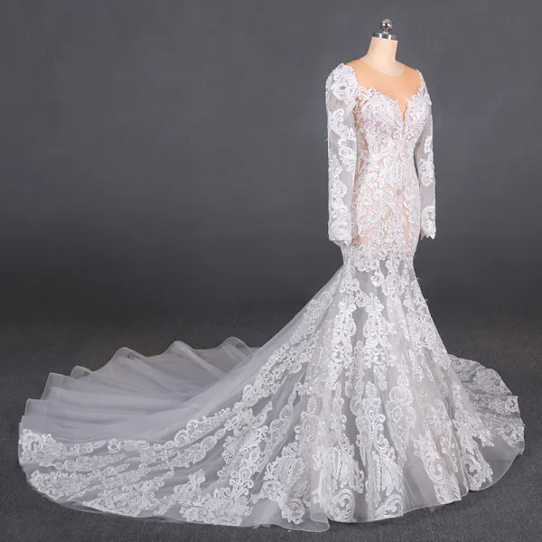 Illusion Champagne Summer Bridal Wedding Dresses 2020 Trumpet / Mermaid See-through Scoop Neck Long Sleeve Appliques Lace Beading Chapel Train Ruffle