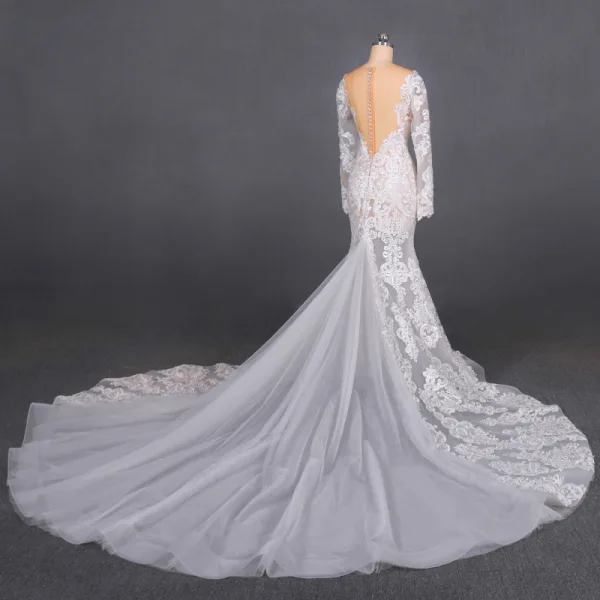 Illusion Champagne Summer Bridal Wedding Dresses 2020 Trumpet / Mermaid See-through Scoop Neck Long Sleeve Appliques Lace Beading Chapel Train Ruffle