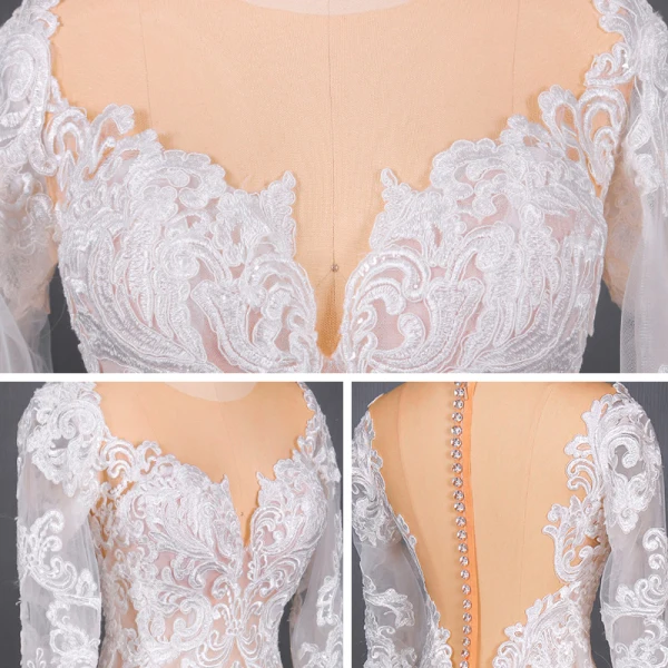 Illusion Champagne Summer Bridal Wedding Dresses 2020 Trumpet / Mermaid See-through Scoop Neck Long Sleeve Appliques Lace Beading Chapel Train Ruffle
