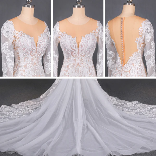 Illusion Champagne Summer Bridal Wedding Dresses 2020 Trumpet / Mermaid See-through Scoop Neck Long Sleeve Appliques Lace Beading Chapel Train Ruffle