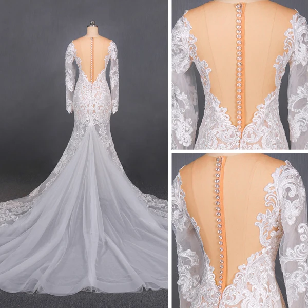 Illusion Champagne Summer Bridal Wedding Dresses 2020 Trumpet / Mermaid See-through Scoop Neck Long Sleeve Appliques Lace Beading Chapel Train Ruffle