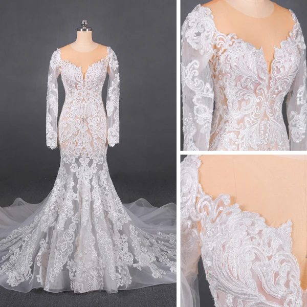 Illusion Champagne Summer Bridal Wedding Dresses 2020 Trumpet / Mermaid See-through Scoop Neck Long Sleeve Appliques Lace Beading Chapel Train Ruffle