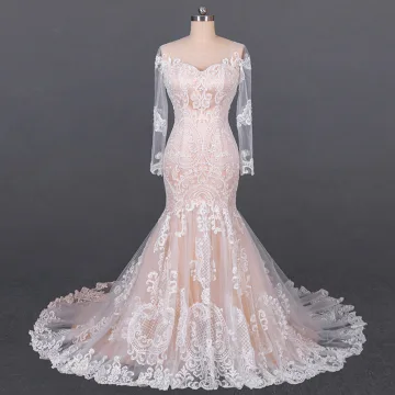 Luxe Champagne Transparentes La Mariée Robe De Mariée 2020 Trompette Sirène Encolure Dégagée Manches Longues Dos Nu Appliques En Dentelle Tribunal Train Volants