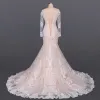 Luxury / Gorgeous Champagne See-through Bridal Wedding Dresses 2020 Trumpet / Mermaid Scoop Neck Long Sleeve Backless Appliques Lace Court Train Ruffle