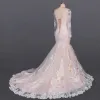 Luxury / Gorgeous Champagne See-through Bridal Wedding Dresses 2020 Trumpet / Mermaid Scoop Neck Long Sleeve Backless Appliques Lace Court Train Ruffle