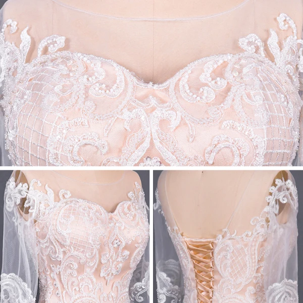 Luxury / Gorgeous Champagne See-through Bridal Wedding Dresses 2020 Trumpet / Mermaid Scoop Neck Long Sleeve Backless Appliques Lace Court Train Ruffle
