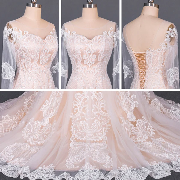 Luxury / Gorgeous Champagne See-through Bridal Wedding Dresses 2020 Trumpet / Mermaid Scoop Neck Long Sleeve Backless Appliques Lace Court Train Ruffle