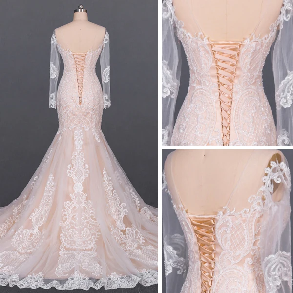 Luxury / Gorgeous Champagne See-through Bridal Wedding Dresses 2020 Trumpet / Mermaid Scoop Neck Long Sleeve Backless Appliques Lace Court Train Ruffle
