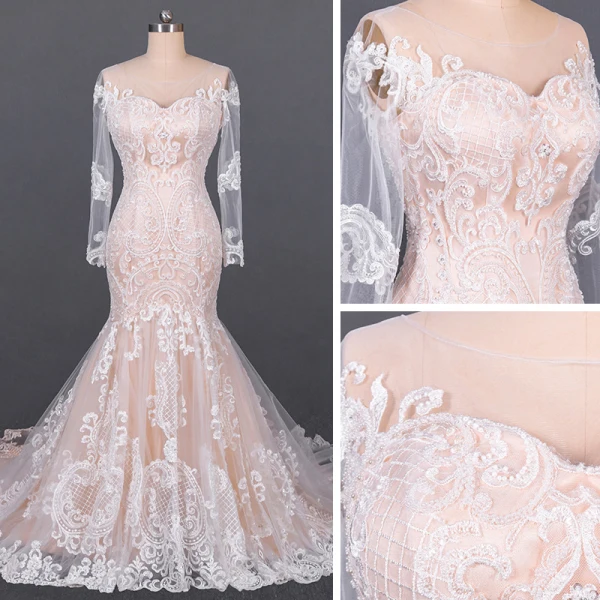 Luxury / Gorgeous Champagne See-through Bridal Wedding Dresses 2020 Trumpet / Mermaid Scoop Neck Long Sleeve Backless Appliques Lace Court Train Ruffle