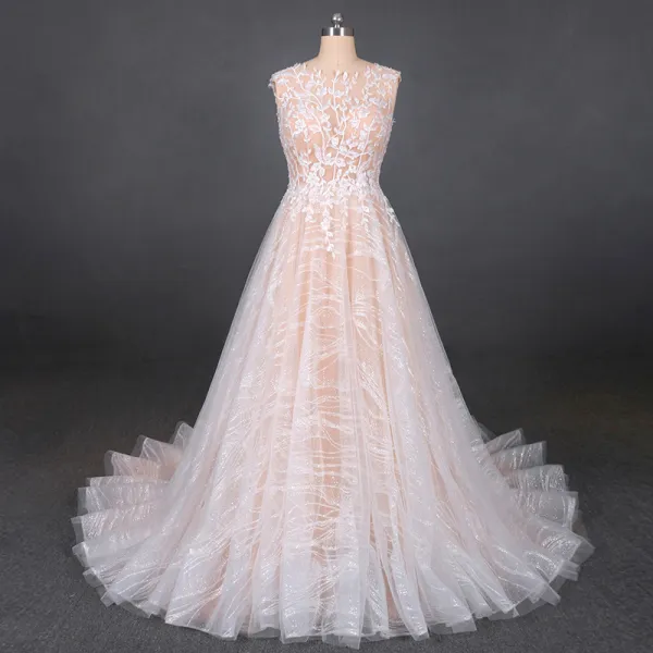 Best Champagne Bridal Wedding Dresses 2020 A-Line / Princess See-through Scoop Neck Sleeveless Backless Appliques Lace Beading Glitter Tulle Court Train Ruffle