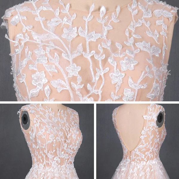 Meilleur Champagne La Mariée Robe De Mariée 2020 Princesse Transparentes Encolure Dégagée Sans Manches Dos Nu Appliques En Dentelle Perlage Glitter Tulle Tribunal Train Volants