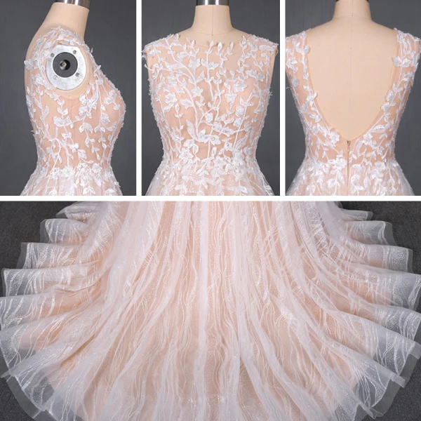 Meilleur Champagne La Mariée Robe De Mariée 2020 Princesse Transparentes Encolure Dégagée Sans Manches Dos Nu Appliques En Dentelle Perlage Glitter Tulle Tribunal Train Volants