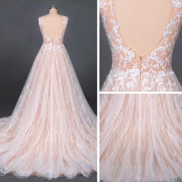Meilleur Champagne La Mariée Robe De Mariée 2020 Princesse Transparentes Encolure Dégagée Sans Manches Dos Nu Appliques En Dentelle Perlage Glitter Tulle Tribunal Train Volants