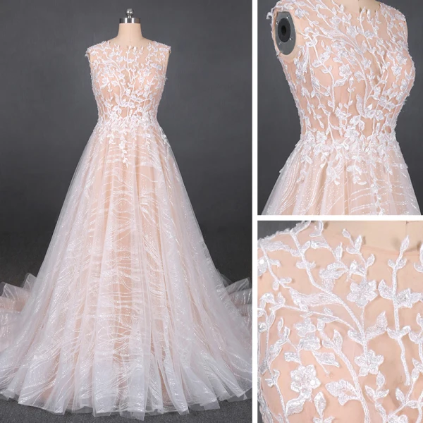 Meilleur Champagne La Mariée Robe De Mariée 2020 Princesse Transparentes Encolure Dégagée Sans Manches Dos Nu Appliques En Dentelle Perlage Glitter Tulle Tribunal Train Volants