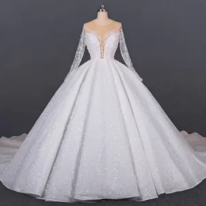 Luxury Gorgeous Ivory See Through Bridal Wedding Dresses 2020 Ball Gown Scoop Neck Long Sleeve Handmade Beading Glitter Tulle Cathedral Train