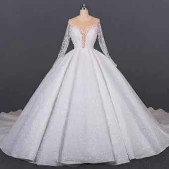 Luxury Gorgeous Ivory See Through Bridal Wedding Dresses 2020 Ball Gown Scoop Neck Long Sleeve Handmade Beading Glitter Tulle Cathedral Train