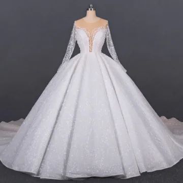 Luxe Ivoire Transparentes La Mariée Robe De Mariée 2020 Robe Boule Encolure Dégagée Manches Longues Fait Main Perlage Glitter Tulle Cathedral Train