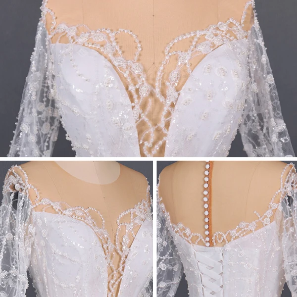 Luxe Ivoire Transparentes La Mariée Robe De Mariée 2020 Robe Boule Encolure Dégagée Manches Longues Fait main Perlage Glitter Tulle Cathedral Train