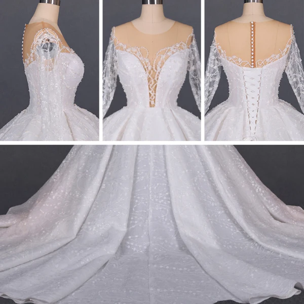 Luxe Ivoire Transparentes La Mariée Robe De Mariée 2020 Robe Boule Encolure Dégagée Manches Longues Fait main Perlage Glitter Tulle Cathedral Train