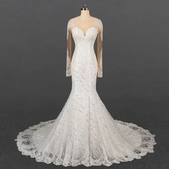 Luxe Ivoire Transparentes La Mariée Robe De Mariée 2020 Trompette Sirène Encolure Dégagée Manches Longues Appliques En Dentelle Perlage Paillettes Tribunal Train Volants