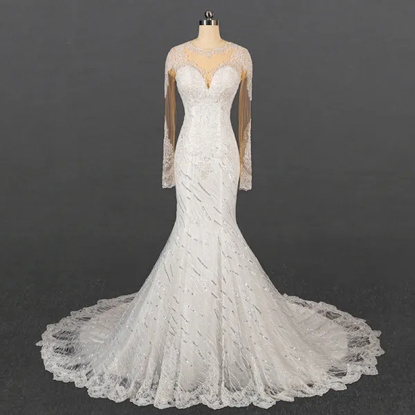 Luxury / Gorgeous Ivory See-through Bridal Wedding Dresses 2020 Trumpet / Mermaid Scoop Neck Long Sleeve Appliques Lace Beading Sequins Court Train Ruffle