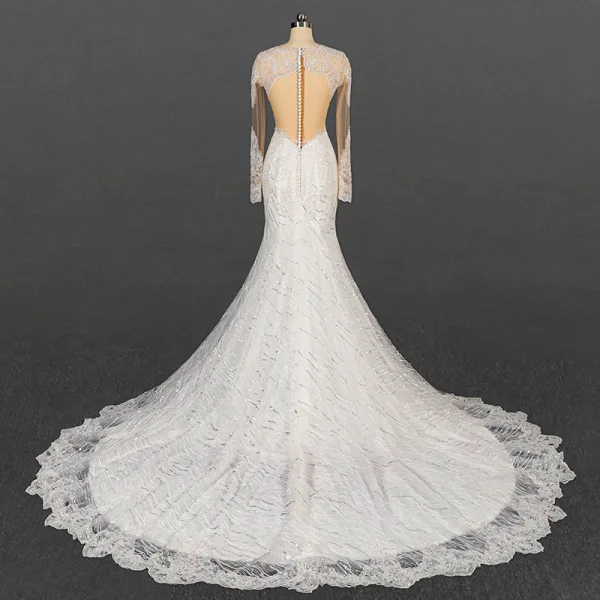 Luxury / Gorgeous Ivory See-through Bridal Wedding Dresses 2020 Trumpet / Mermaid Scoop Neck Long Sleeve Appliques Lace Beading Sequins Court Train Ruffle