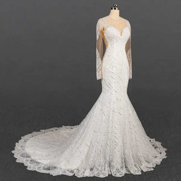Luxury / Gorgeous Ivory See-through Bridal Wedding Dresses 2020 Trumpet / Mermaid Scoop Neck Long Sleeve Appliques Lace Beading Sequins Court Train Ruffle