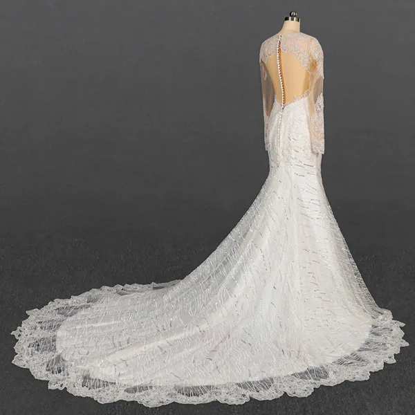 Luxury / Gorgeous Ivory See-through Bridal Wedding Dresses 2020 Trumpet / Mermaid Scoop Neck Long Sleeve Appliques Lace Beading Sequins Court Train Ruffle