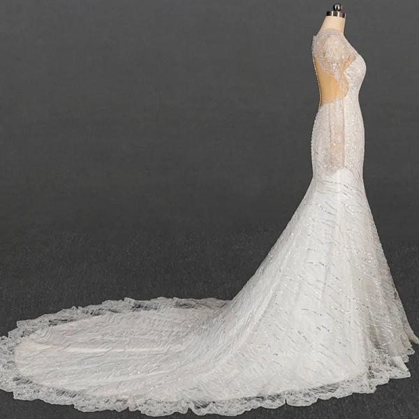 Luxury / Gorgeous Ivory See-through Bridal Wedding Dresses 2020 Trumpet / Mermaid Scoop Neck Long Sleeve Appliques Lace Beading Sequins Court Train Ruffle