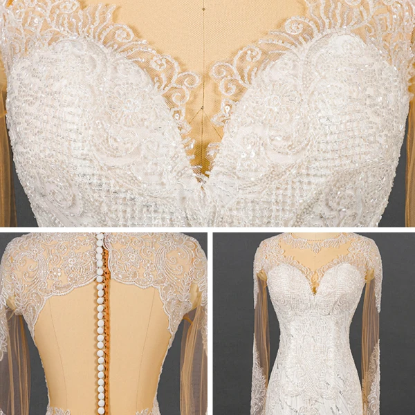 Luxury / Gorgeous Ivory See-through Bridal Wedding Dresses 2020 Trumpet / Mermaid Scoop Neck Long Sleeve Appliques Lace Beading Sequins Court Train Ruffle