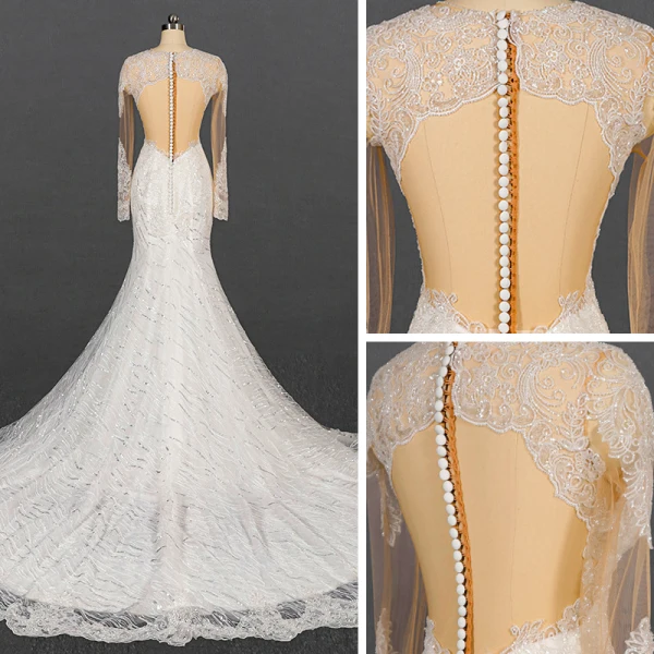 Luxury / Gorgeous Ivory See-through Bridal Wedding Dresses 2020 Trumpet / Mermaid Scoop Neck Long Sleeve Appliques Lace Beading Sequins Court Train Ruffle
